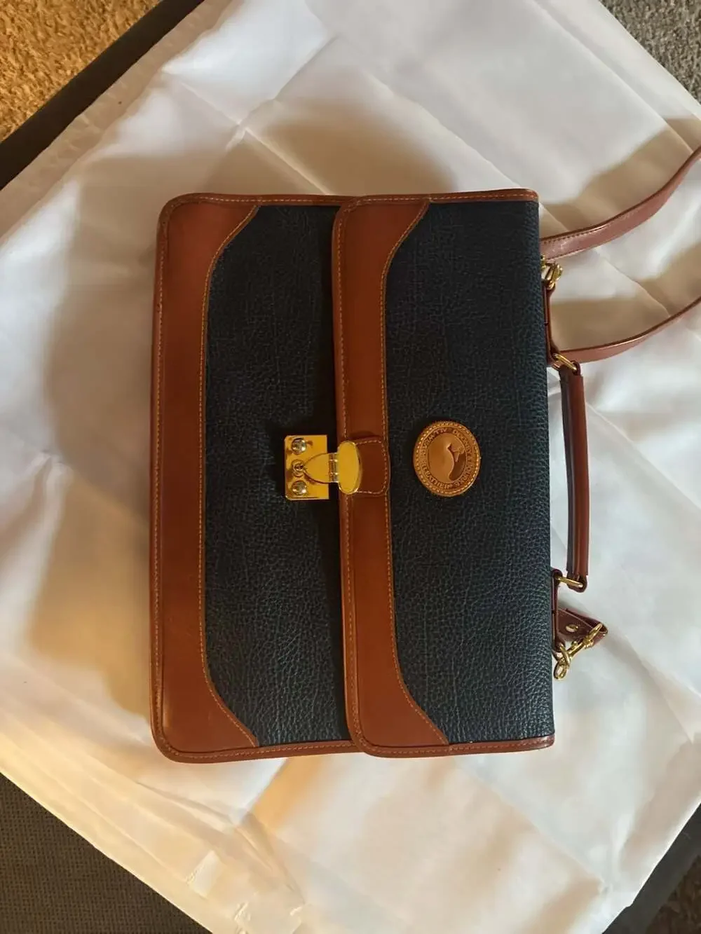 Vintage Dooney & Bourke All-Weather Leather Navy and Tan Satchel Briefcase